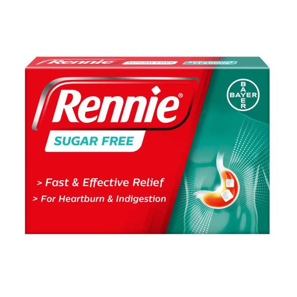 A red and green box of Bayer Rennie Sugar Free Tablets (36), labeled for fast, effective heartburn and indigestion relief, featuring tablet imagery and a digestive system graphic.