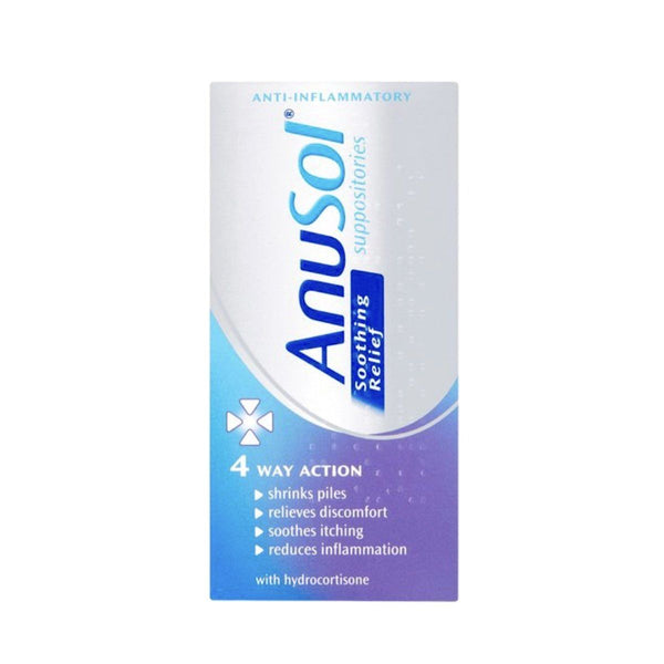 Anusol Soothing Relief Suppositories (12-Pack) offers soothing, anti-inflammatory relief with 4-way action: shrinking piles, providing internal pile relief, relieving discomfort and anal itching, and reducing inflammation. Contains hydrocortisone for effective results.