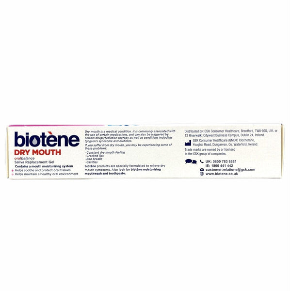 The Biotene Oral Balance Saliva Gel (50g) packaging highlights its benefits, including soothing and moisturizing dry mouth with its effective saliva gel formula, along with manufacturer details and contact information.