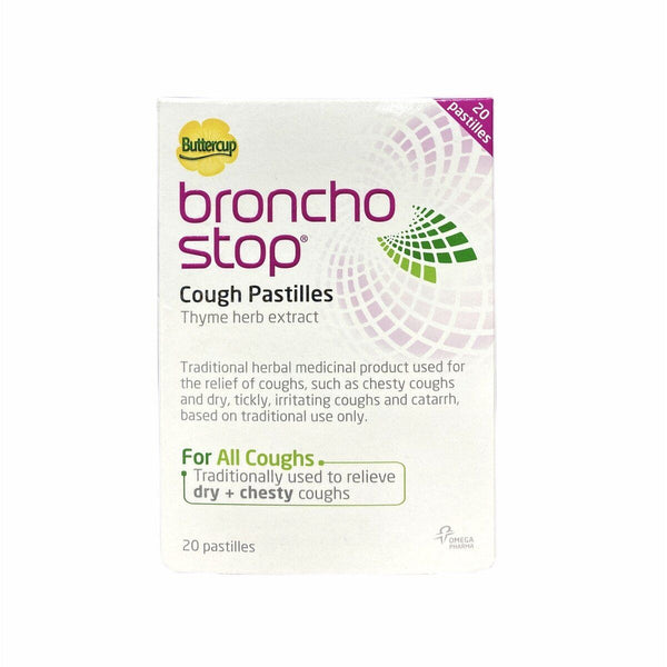 Image of a Buttercup BronchoStop Cough Pastilles box, containing 20 pastilles with thyme herb extract for effective dry and chesty cough relief, offering soothing effects similar to natural cough syrup.