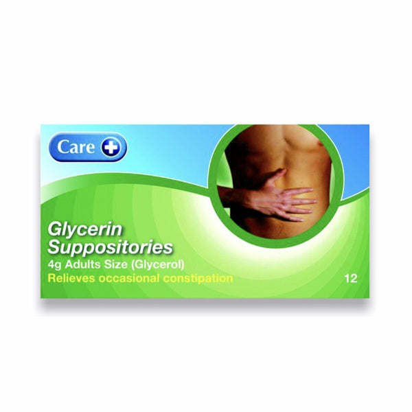 Care Glycerin Adult Suppositories (12) offer constipation relief with 4g suppositories. The green package shows a person holding their stomach and highlights Relieves occasional constipation for gentle bowel movement stimulation.