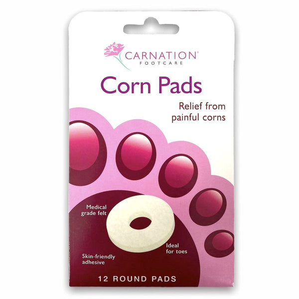 The packaging of Carnation Corn Pads features pink and purple circles with a white pad centered, promising Relief from painful corns and using Medical grade chiropody felt for excellent pressure distribution. Includes 12 round pads.