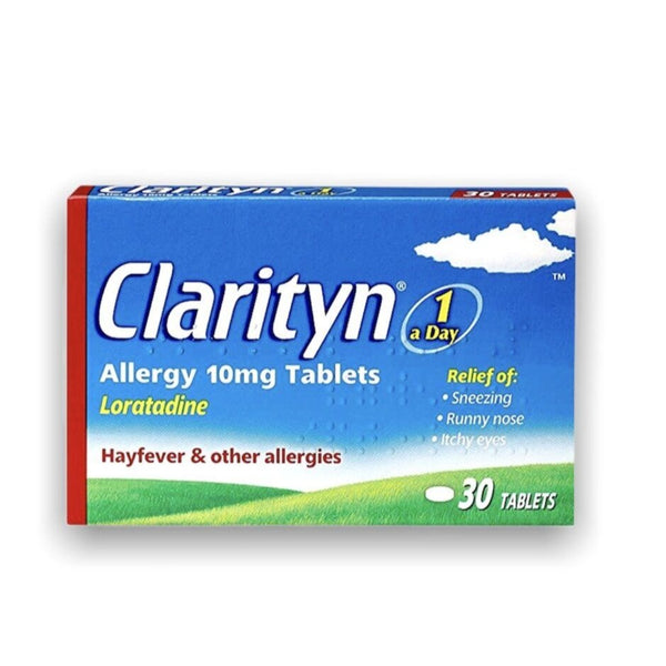 The image shows a box of Clarityn Allergy & Hayfever Tablets (30) with a non-drowsy formula for effective hayfever relief, targeting sneezing, runny nose, and itchy eyes. The packaging is blue and green and labeled for allergies.