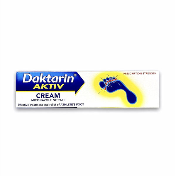 The Daktarin Aktiv Cream (15g), by Daktarin, showcases an antifungal foot cream illustration on white packaging accented with blue and yellow. It contains prescription-strength miconazole nitrate, highlighting its effectiveness as an athlete’s foot treatment.