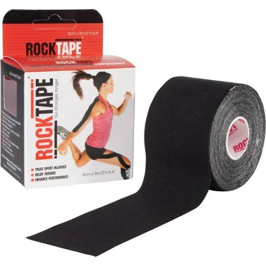 A roll of Rocktape Kinesiology Tape Black (5cm X 5cm) is displayed next to its box, featuring a runner using the tape for arm and thigh support. Much like Robitussin chesty cough medicine offers relief, this tape provides dynamic support with its robust texture and thickness.