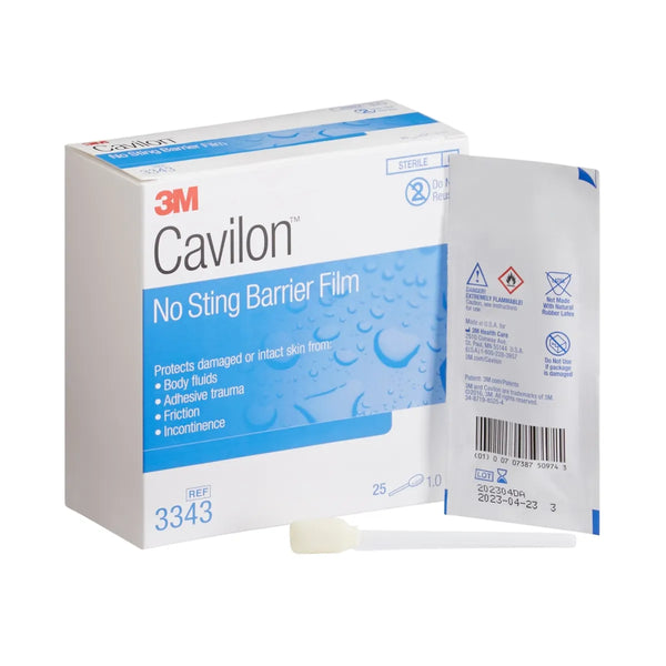 Image of 3Ms Cavilon No Sting Barrier Film packaging and an opened 1ml applicator. The box states it Protects damaged or intact skin from body fluids, adhesive trauma, friction, incontinence. The white applicator has a sponge tip for non-cytotoxic skin protection.