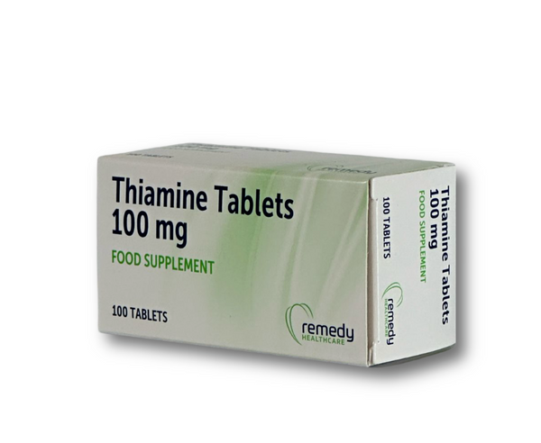 A white and green box labeled "Vitamed Thiamine 100mg" (Brands May Vary) by Generic contains 100 tablets of vitamin B1 supplement to help support energy production.
