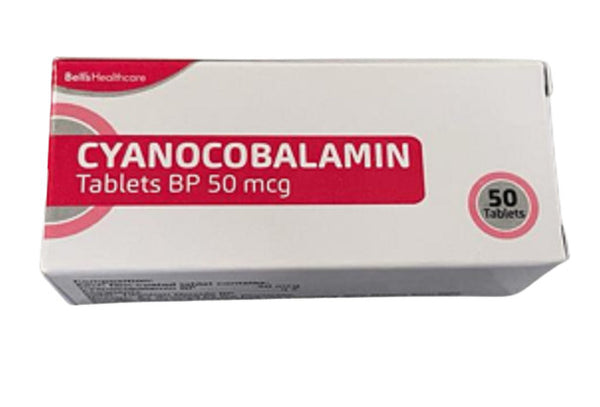 A box of Vitamin B12 50mcg (Cyanocobalamin) containing 50 tablets. The brand may vary, and this supplement is formulated to support your daily nutritional needs.
