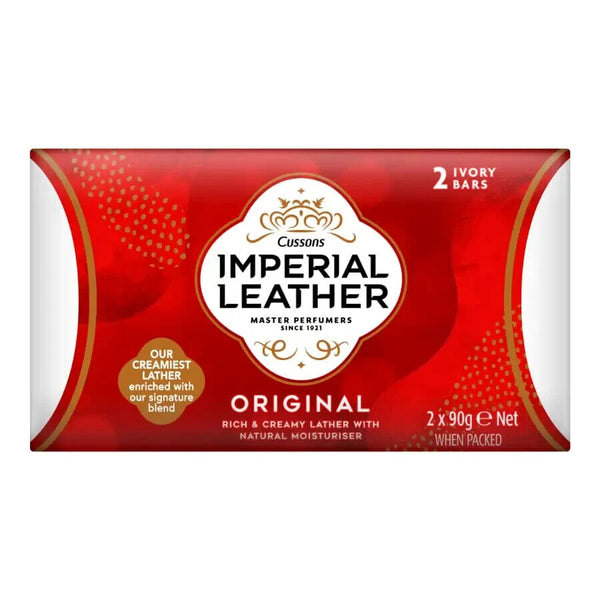 Imperial Leather Soap Original (Twin Pack) features elegant packaging with a red background and gold-white highlights, emphasizing the brand. This luxurious soap offers two ivory bars with a rich, creamy lather and iconic fragrance that subtly hints at patchouli.