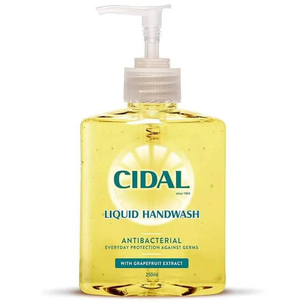 The 250ml Cidal Antibacterial Handwash features a pump dispenser, transparent yellow liquid, and a yellow and white label promoting its antibacterial properties and grapefruit extract—ideal for keeping hands clean and fresh.