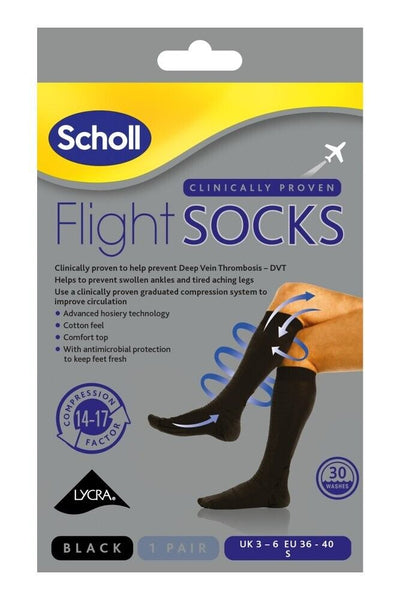 The Scholl Flight Socks packaging highlights black socks with graduated compression designed to prevent Deep Vein Thrombosis. These socks feature advanced hosiery tech, a cotton feel, and antimicrobial protection. Available in size Small (UK 3-6, EU 36-40), they last for 30 washes.