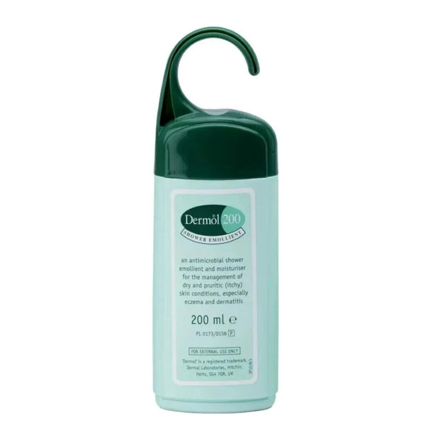Dermol Shower Emollient (200ml) by Dermol, ideal for eczema and dry skin, features a green finish with a dark green cap. Its label emphasizes relief from dryness and itchiness associated with eczema and dermatitis.