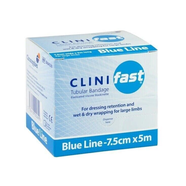 The Clinifast Tubular Bandage, Blue Line, 7.5cm x 5m is latex-free and suitable for dressing fixation and wrapping large limbs. The packaging is primarily blue and white.