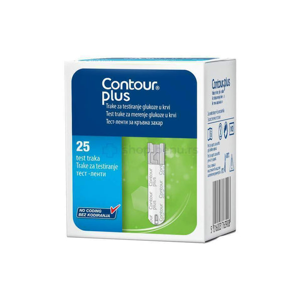 Contour Plus Strips by Contour, ideal for diabetes management, come in a pack of 25. The packaging features a white base with blue and green accents and includes multilingual information for blood glucose monitoring.