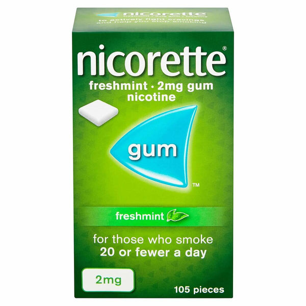 Nicorette Gum Freshmint 2mg (105pcs) is a green box intended for those smoking 20 or fewer cigarettes daily. It offers effective nicotine replacement therapy for smoking cessation with 2mg of nicotine per piece.