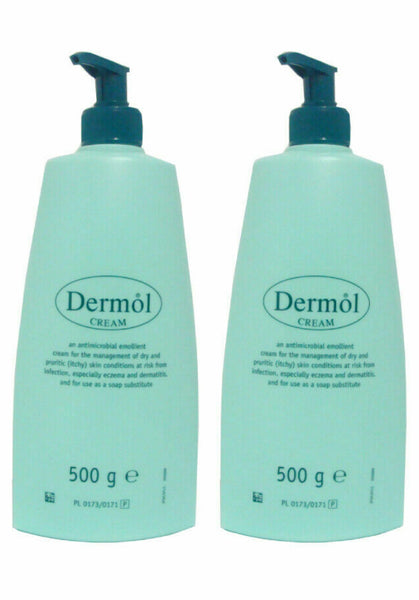 Two light green Dermol Cream Double Pack X2 (500g) bottles, each with a black pump dispenser, are placed side by side against a white background. Brand: Dermol. Suitable as an antimicrobial emollient for eczema treatment.