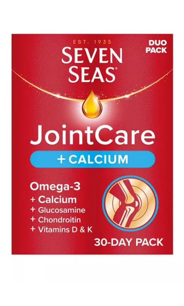 The Seven Seas Joint Care Calcium DUO pack (30 Capsules/30 Tablets) comes in a red box, perfect for storing supplements that support calcium levels and bone strength.