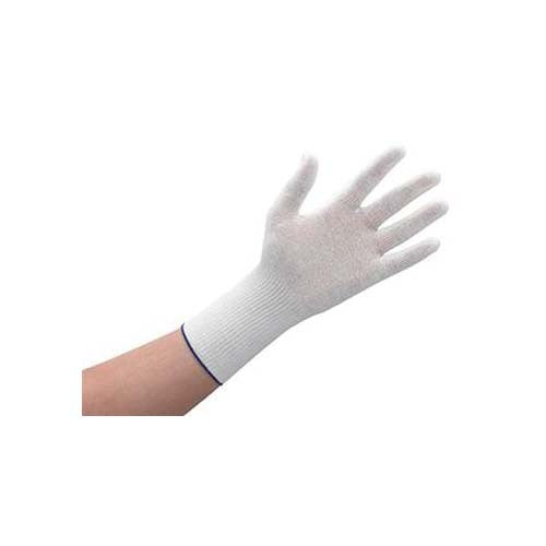 A hand wears a Tubifast Glove M/L Adult (One Pair) by Tubifast—a white knit glove with blue trim—displayed against a plain white background, ideal for dressing retention or eczema protection.