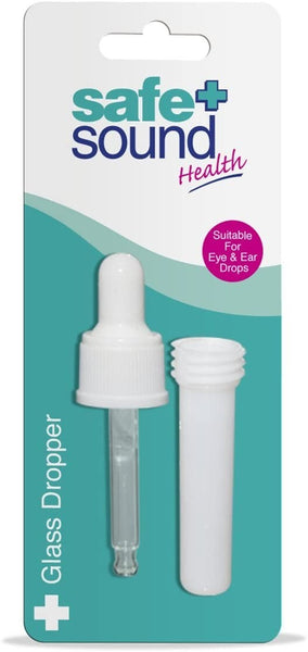 The Safe and Sound Glass Dropper (1 Dropper) by Safe and Sound includes a glass dropper with a white cap and a separate white storage tube, suitable for eye and ear drops, enabling accurate dispensing and controlled liquid measurement.