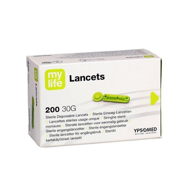 Mylife Green Lancets Std 30g (Pack Of 200) by Mylife: sterile, disposable lancets for capillary blood sampling and glucose monitoring, 30G size, green lancet image on front.