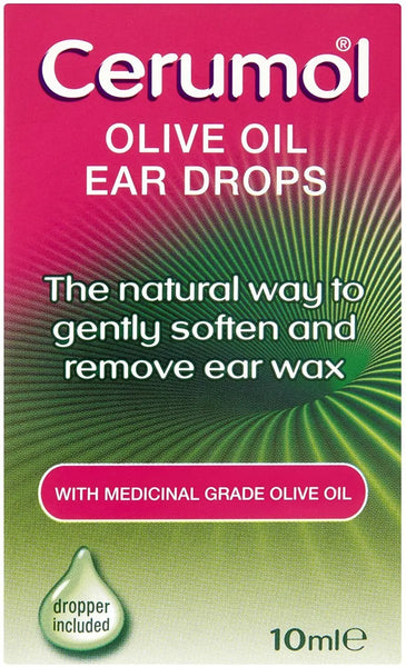 The Cerumol Olive Oil Ear Drops (10ml) packaging showcases a pink and green design, emphasizing its natural solution for earwax removal with medicinal-grade olive oil and an included dropper for safe and effective use.