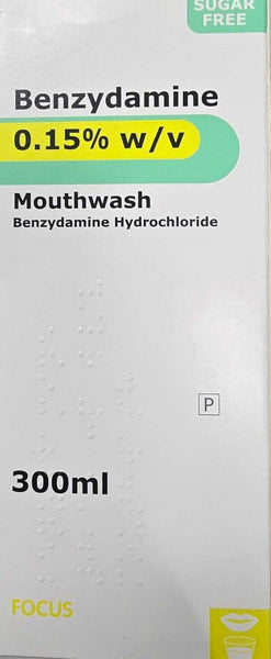 Benzydamine Hydrochloride 0.15% w/v Mouthwash - Sugar Free (300ml, Brand May Vary) with braille dots and 'FOCUS' at the bottom—effective relief for throat discomfort.