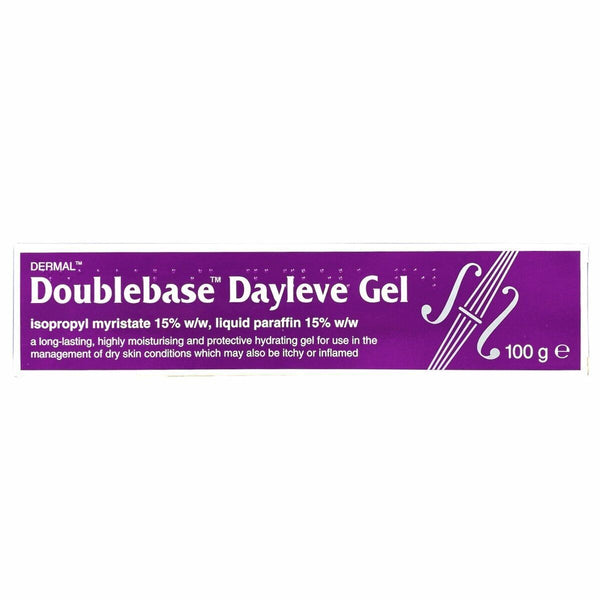 A 100g pack of Doublebase Dayleve Gel provides long-lasting moisturization with its purple and white packaging, featuring isopropyl myristate and liquid paraffin to effectively manage dry skin.