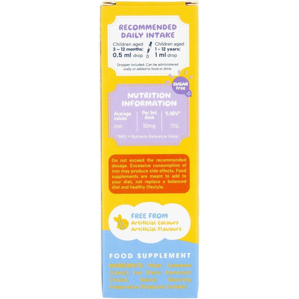 The image shows the side panel of Minakids IronBaby Drops (60ml) by Minakids, featuring recommended daily intake, nutrition info, dosage warnings, and ingredients. The product contains no artificial colors or flavors.