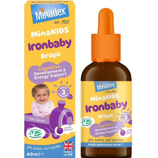 A box and bottle of Minakids IronBaby Drops (60ml), a plum-flavored liquid iron supplement by Minakids for babies and children from 3 months, featuring a smiling baby image and UK flag—ideal for supporting cognitive development and energy.