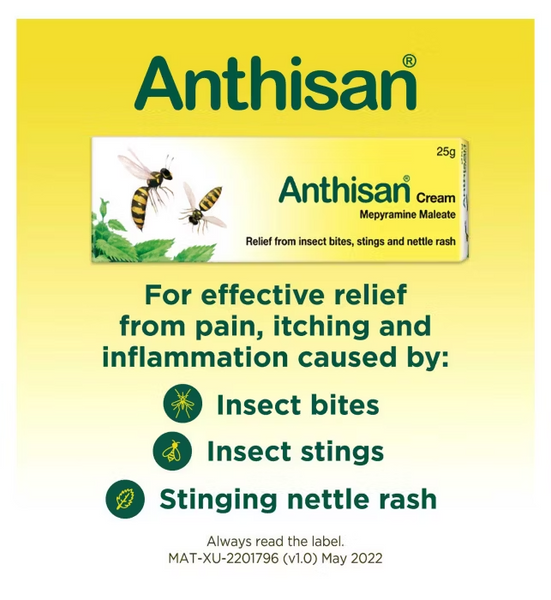 Anthisan Bite and Sting Cream (25g) by Anthisan, featuring bee and mosquito images, relieves pain, itching, and inflammation from insect bites, stings, and nettle rash with its effective antihistamine formula.