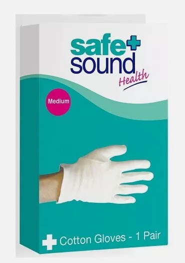 Safe and Sound Cotton Gloves 1 Pair (Medium) for sensitive skin, with a hand in white gloves pictured on the stylish teal and white box labeled Cotton Gloves - 1 Pair by Safe and Sound.