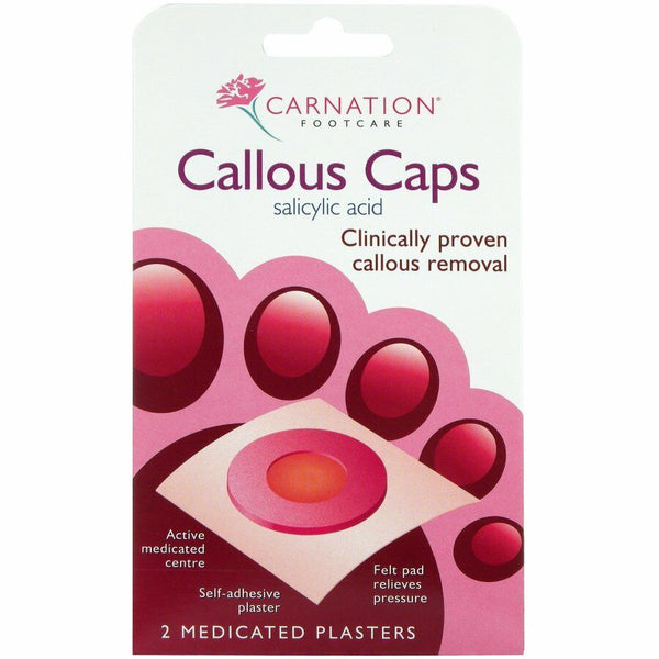 An image of the Carnation Footcare Callous Caps (2 Plasters) package shows a pink and white design featuring salicylic acid for effective callous removal. The product includes a medicated center, self-adhesive plaster, and felt pad for pressure relief.