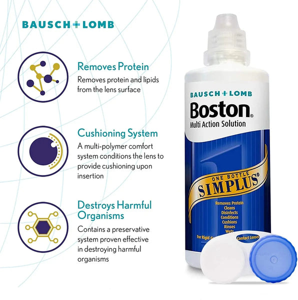 Bausch & Lombs Boston Simplus Solution (120ml) image features a bottle and contact lens case. Ideal for rigid gas permeable lenses, it removes protein and lipids, offers cushioning comfort, and uses preservatives to eliminate harmful organisms.