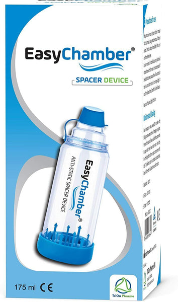 The EasyChamber Device (175ml) packaging, branded by EasyChamber, showcases a white and blue design with a clear image of the spacer on the front. The bottom left displays 175 ml along with the TriOn Pharma logo.