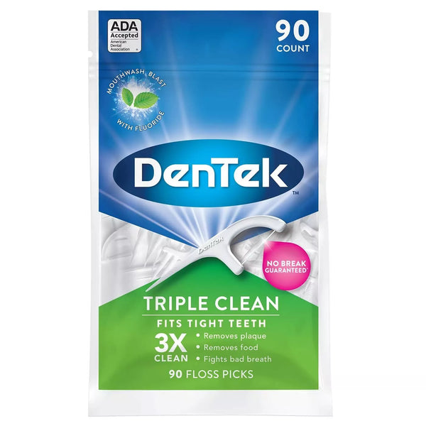 Dentek Floss Mint Picks (90 Count) come in blue and green packaging, featuring mint flavor, help remove plaque and food, fight bad breath, fit tight teeth, contain fluoride, and are ADA accepted.