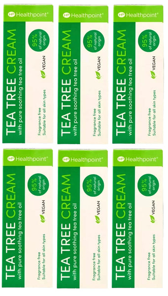 Six boxes of Healthpoint Tea Tree Cream - Pack of 6 (50ml) by Healthpoint are arranged in two rows. This vegan, fragrance-free cream suits all skin types and has 95% natural origin ingredients with antimicrobial benefits.
