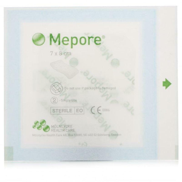 The image shows a 7 x 8 cm sterile package of Single Mepore Adhesive Dressings, an essential first aid item. The packaging is white and blue with green text and the Molnlycke logo, indicating its design for single use.