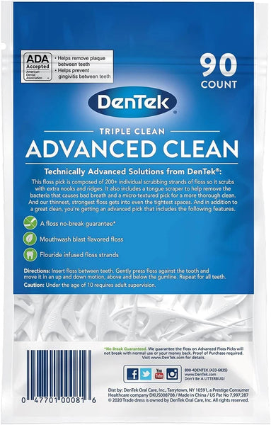Dentek Floss Mint Picks (90 Count) feature a blue and white pack with “90 count,” ADA acceptance, no-break guarantee, mint flavor, plaque removal benefits, usage directions, and the ADA logo highlighted on the front.
