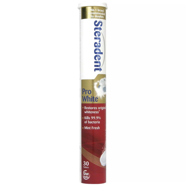 Steradent Pro White Tablets (30 Pack) by Steradent come in a cylindrical tube with a white and gold label, highlighting benefits such as restoring whiteness, killing 99.9% of bacteria, and fighting stains.