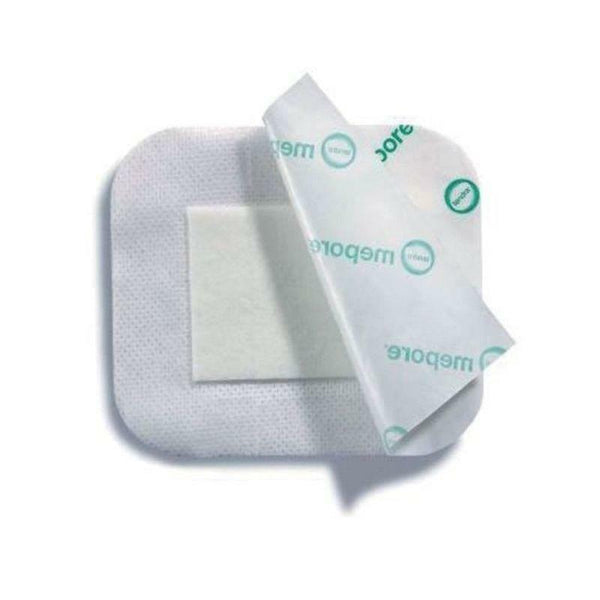 The image displays a Single Mepore Adhesive Dressing (7 x 8 cm) by Molnlycke, with a corner lifted to show its white, padded center for wound protection. This rectangular dressing with rounded edges is essential in first aid, featuring the Molnlycke brand on its adhesive backing.