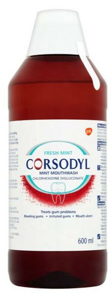 The 600ml Corsodyl Chlorhexidine Mouthwash - Fresh Mint, featuring its recognizable white cap and blue-red logo, is formulated to treat gum disease and effectively addresses bleeding gums and mouth ulcers.