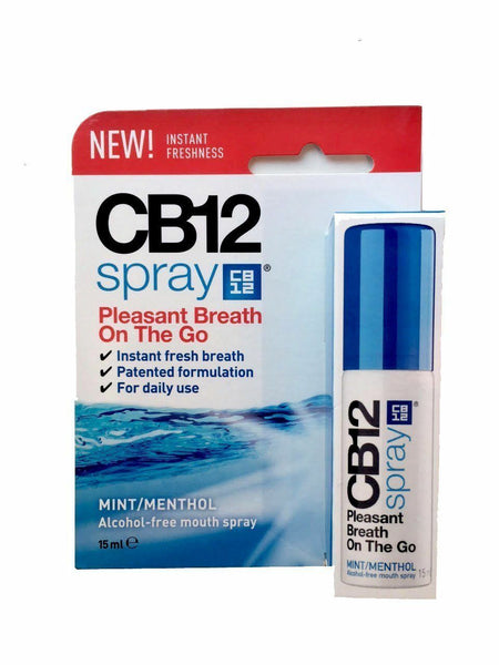 Image of CB12 Instant Fresh Breath Spray (15ml) packaging and bottle. Features: Pleasant Breath On The Go, Instant fresh breath, and Patented formulation with zinc acetate. Alcohol-free mint/menthol spray, perfect for daily use and effectively combating bad breath.