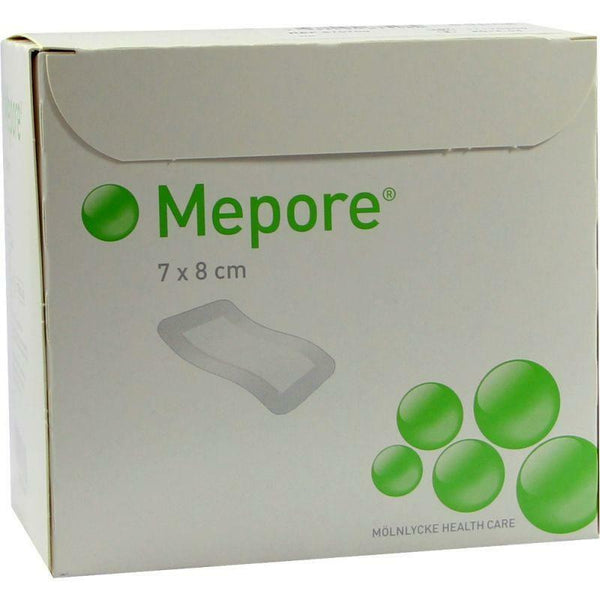 Mölnlyckes Single Mepore Adhesive Dressings (7 x 8 cm) are essential for first aid supplies. The package features a minimal design with green text, circular elements, and a dressing illustration.