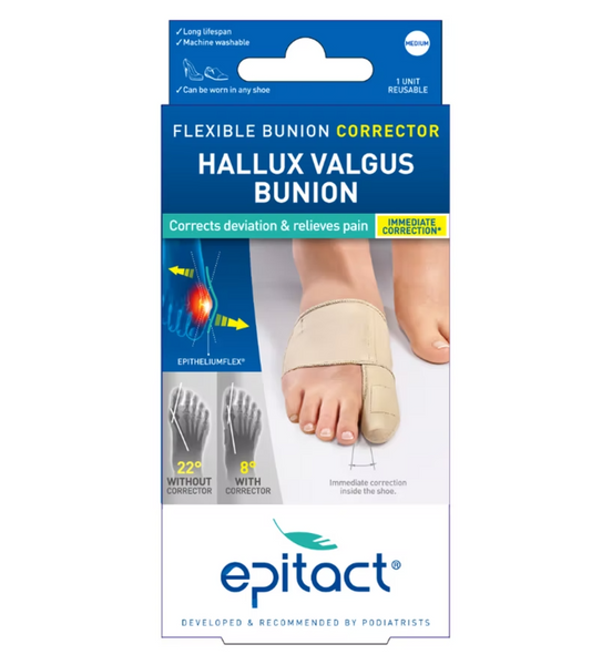 The Epitact Medium Bunion Correctors packaging highlights its ergonomic design for hallux valgus, with an image showing a foot wearing the corrector to emphasize the correction angle and text noting immediate pain relief and deviation correction.