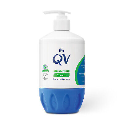 A pump bottle of QV Cream (500g) for sensitive and dry skin, featuring white and blue design, green/blue text with a certification mark and checkmark on the left. Its textured wave pattern base emphasizes its hypoallergenic nature.