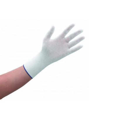A person’s arm wears a Tubifast Child Glove Medium/Large by Tubifast, a white knitted glove with a blue cuff—ideal for eczema protection—shown against a plain white background.