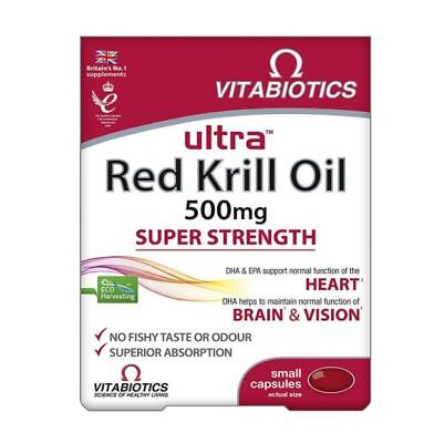 Vitabiotics Ultra Red Krill Oil Super Strength (30 Tablets) provides Omega-3 and marine phospholipids for heart, brain, and vision support. Eco-harvested, no fishy taste or odour. Packaged in a mostly white and red box.