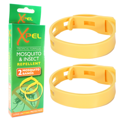 A box of Xpel Mosquito and Insect Repellent Bands (2 Bands) by Xpel sits beside two yellow adjustable bands, promoting long-lasting, chemical-free mosquito and insect protection.