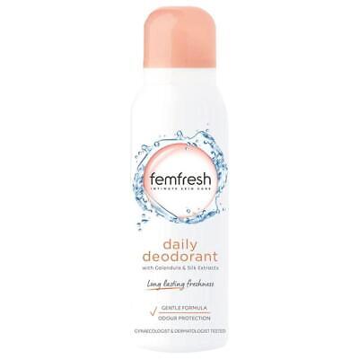 A white can of Femfresh Intimate Daily Deodorant (125ml) with a pink cap, featuring a water splash graphic and text promoting long-lasting freshness and gentle feminine odour protection by Femfresh.