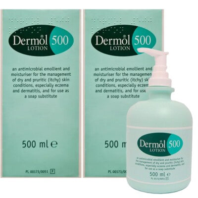 Two rectangular packs of Dermol 500 Lotion Double Pack X2 (500ml) by Dermol, plus one pump dispenser, are shown. The label highlights its use as an eczema moisturizer and antimicrobial emollient for dry skin relief.